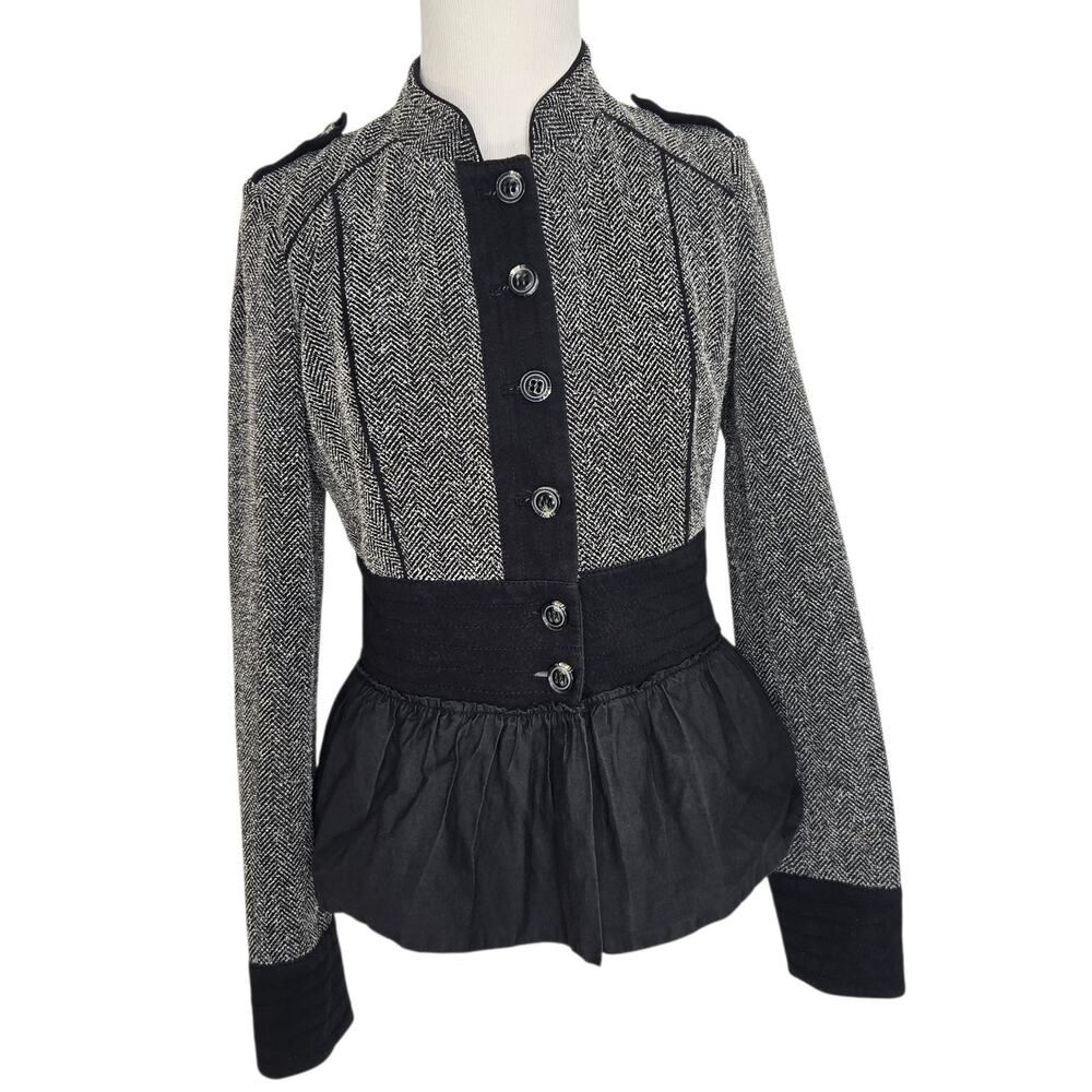 Anthropologie Military Jacket Herringbone Ruffle Hem Structured Black Women 4